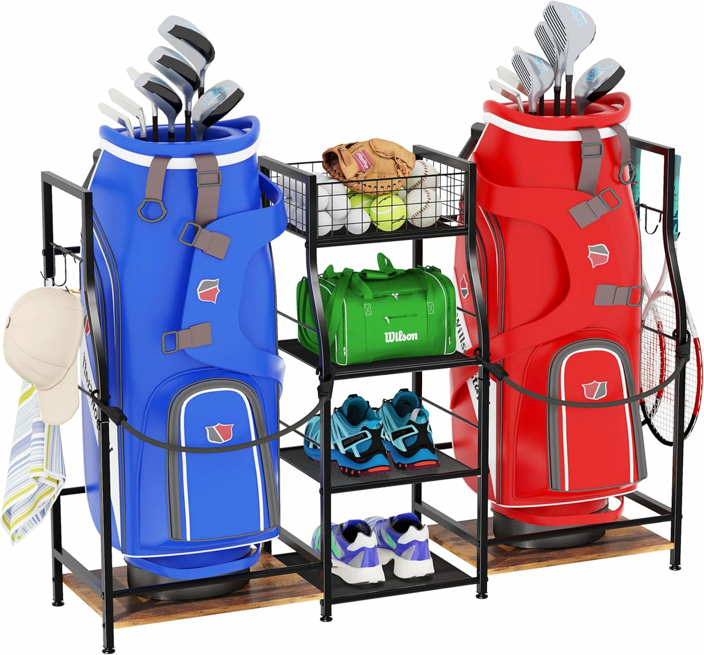 Golf Equipment Storage and Garage Organizer, Bag Stand for Accessories, Rack for Clubs & Essentials